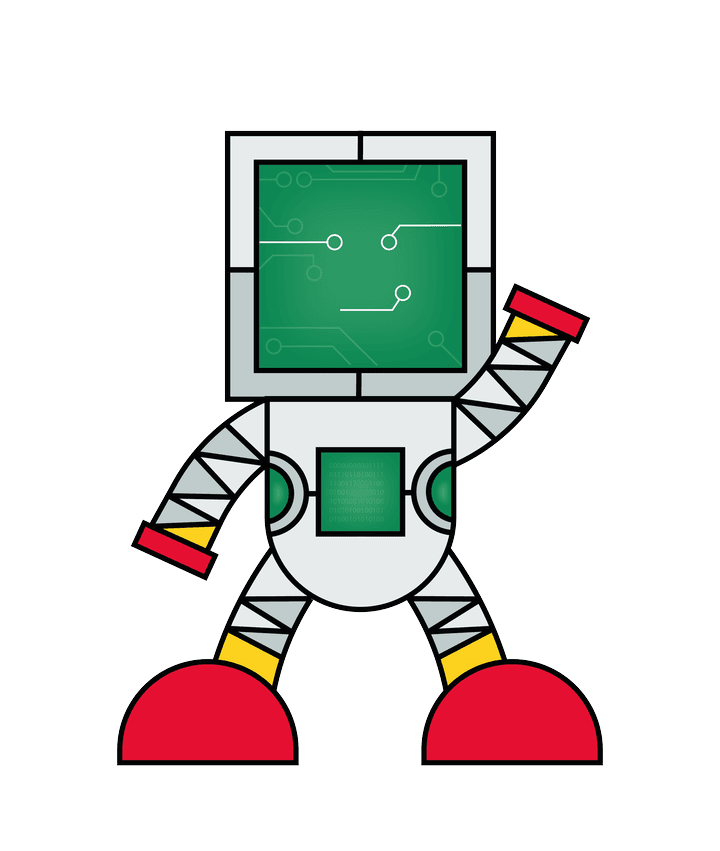 La mascotte de Guézotic, un petit robot vert, jaune et rouge, fait signe de la main.